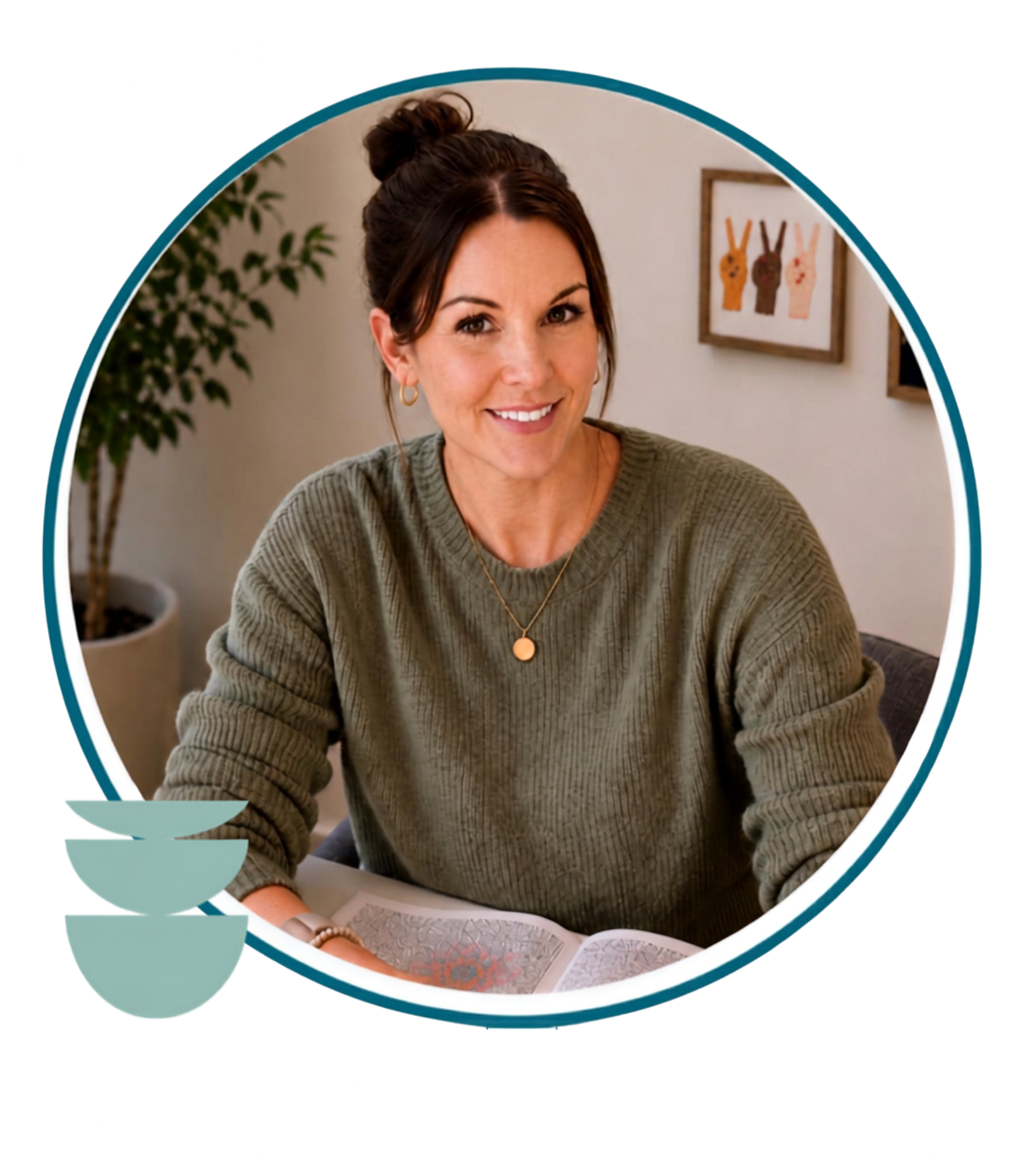 Therapist Kelly Kolyer seated at a table in a warm, welcoming therapy office.