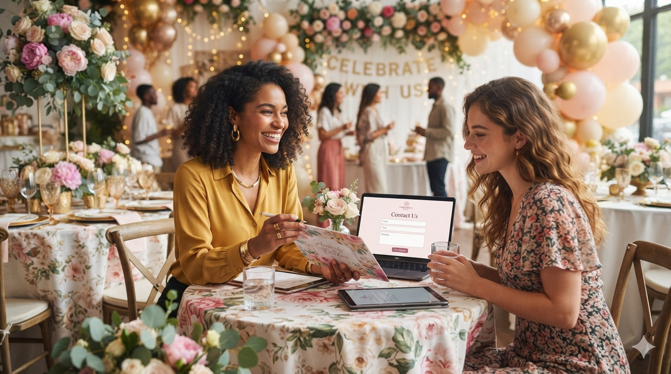 Two women sitting at a table engaged in conversation at a decorated event space with floral arrangements, balloons, string lights, and a festive sign in the background.