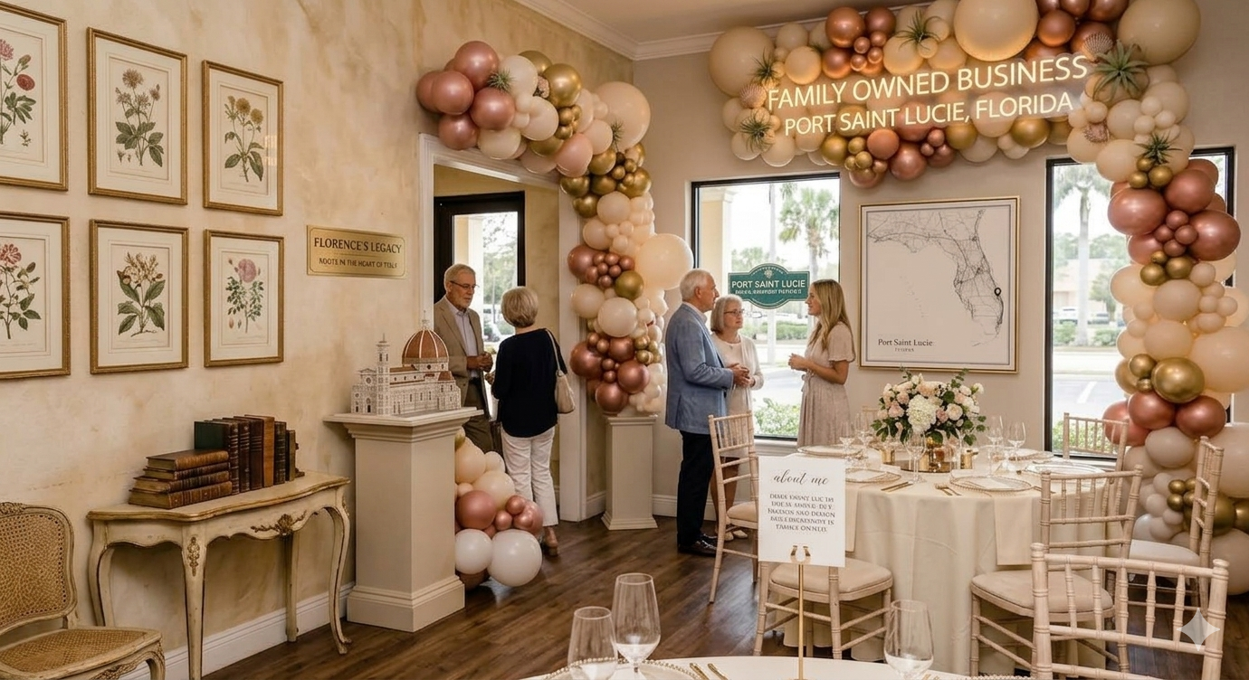 Decorated reception area with balloon arch in shades of pink, gold, and white, featuring signage about a family-owned business and a map of Port Saint Lucie, Florida. Guests are conversing near the balloon arch and round tables with floral centerpieces.