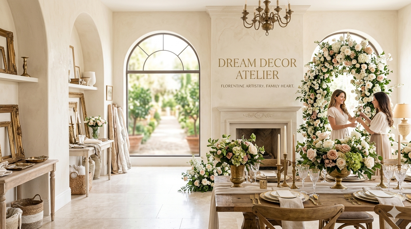 Elegant indoor wedding setup with floral arrangements, a fireplace, and two women exchanging rings or gifts near a large floral arch.