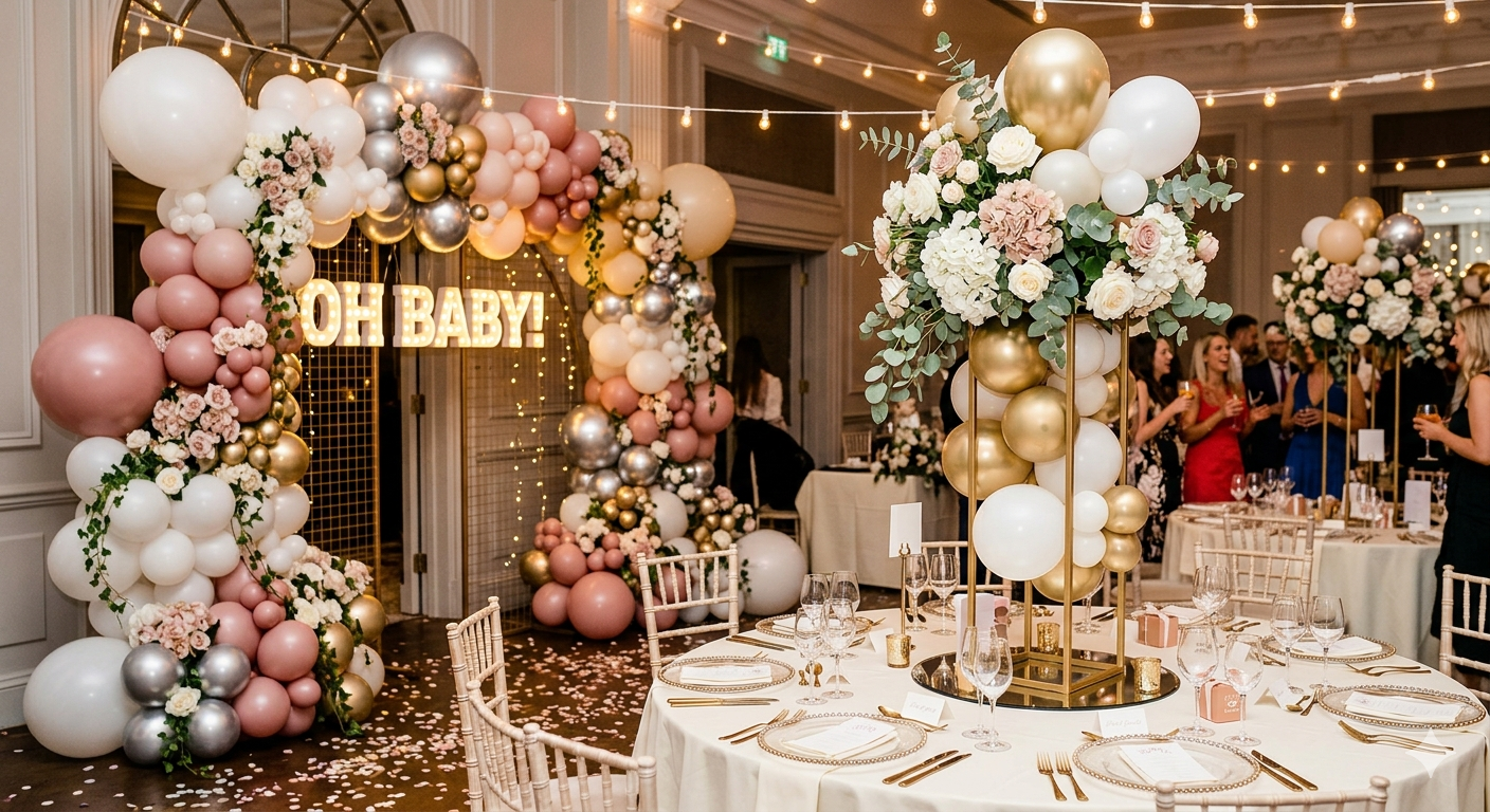 Decorated event space with balloon arrangements, floral centerpieces, and a sign that says 'OH BABY!'. Guests are standing and talking in the background.