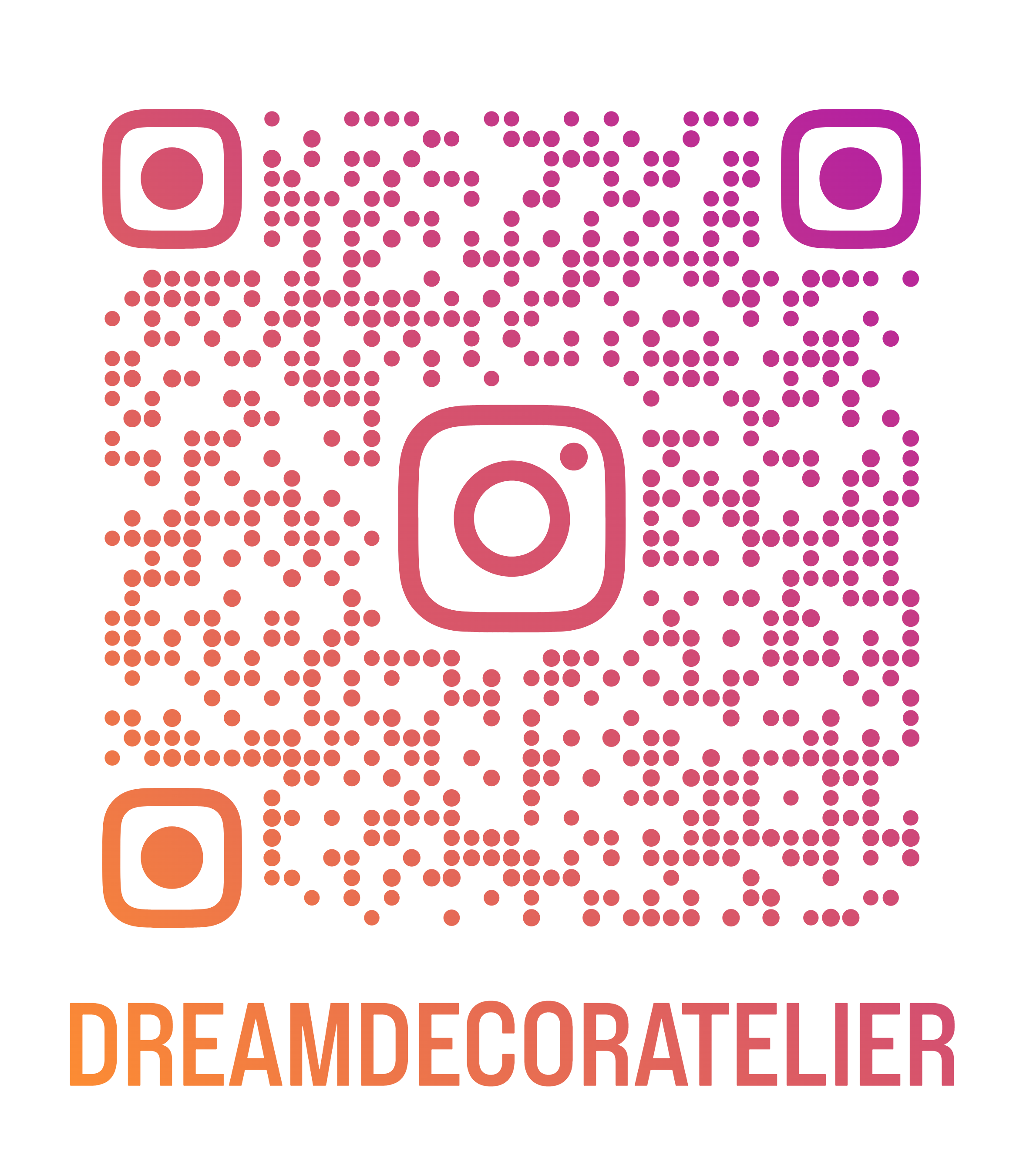 QR code in pink and purple shades above the text 'DREAMDECORATELIER' in orange, stylized font.