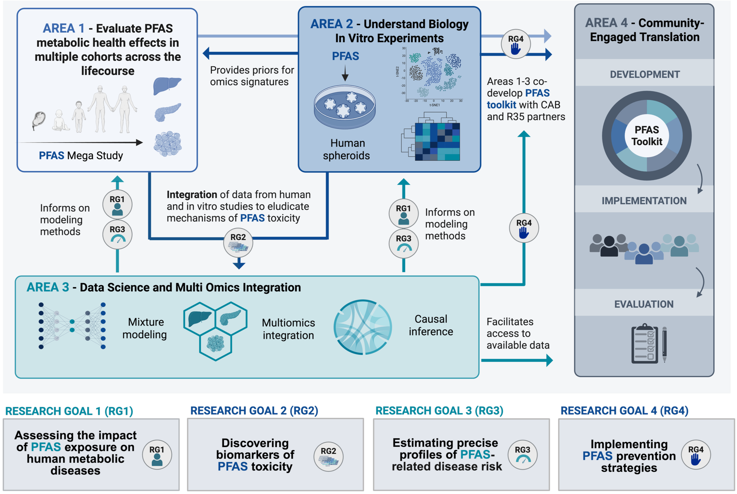 Figure demonstrating the four research areas of PFAS-TRANSFORMED