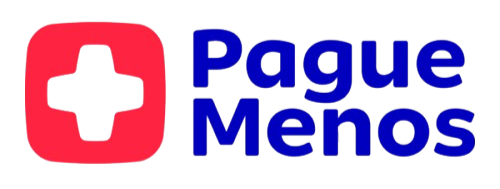Logo with a red rounded square containing a green medical cross, next to the text "Pague Menos" in blue.