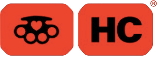 A logo with a black knuckle duster with a heart on top next to black letters 'HC' on an orange background.