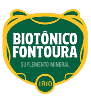 Logo of Biotonico Fontoura, a mineral supplement company established in 1910, featuring a bear's face outline with green, yellow, and pink colors.