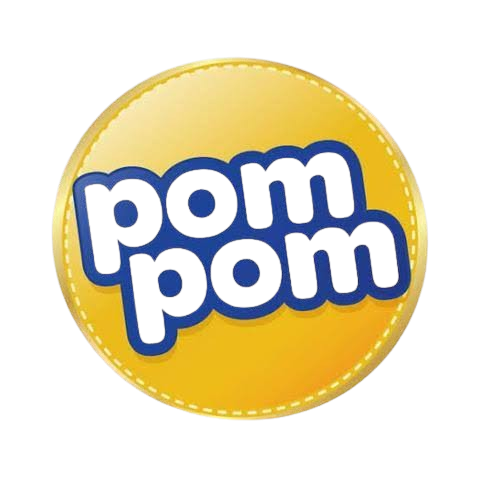 Colorful round logo with the text "pow pow" in blue, upside down on a yellow background.
