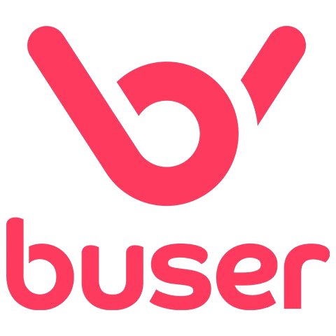Pink and black logo with a stylized 'b' and the word 'buser' below it.