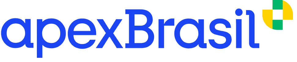 A logo with the words 'apex Brasil' in blue font, featuring a small green and yellow flag icon on the upper right corner.
