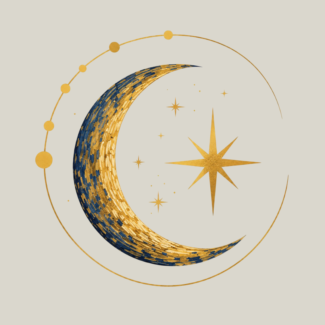 A decorative celestial design featuring a gold and blue crescent moon, a gold star with eight points, and a circular orbit with smaller gold dots on a light background.