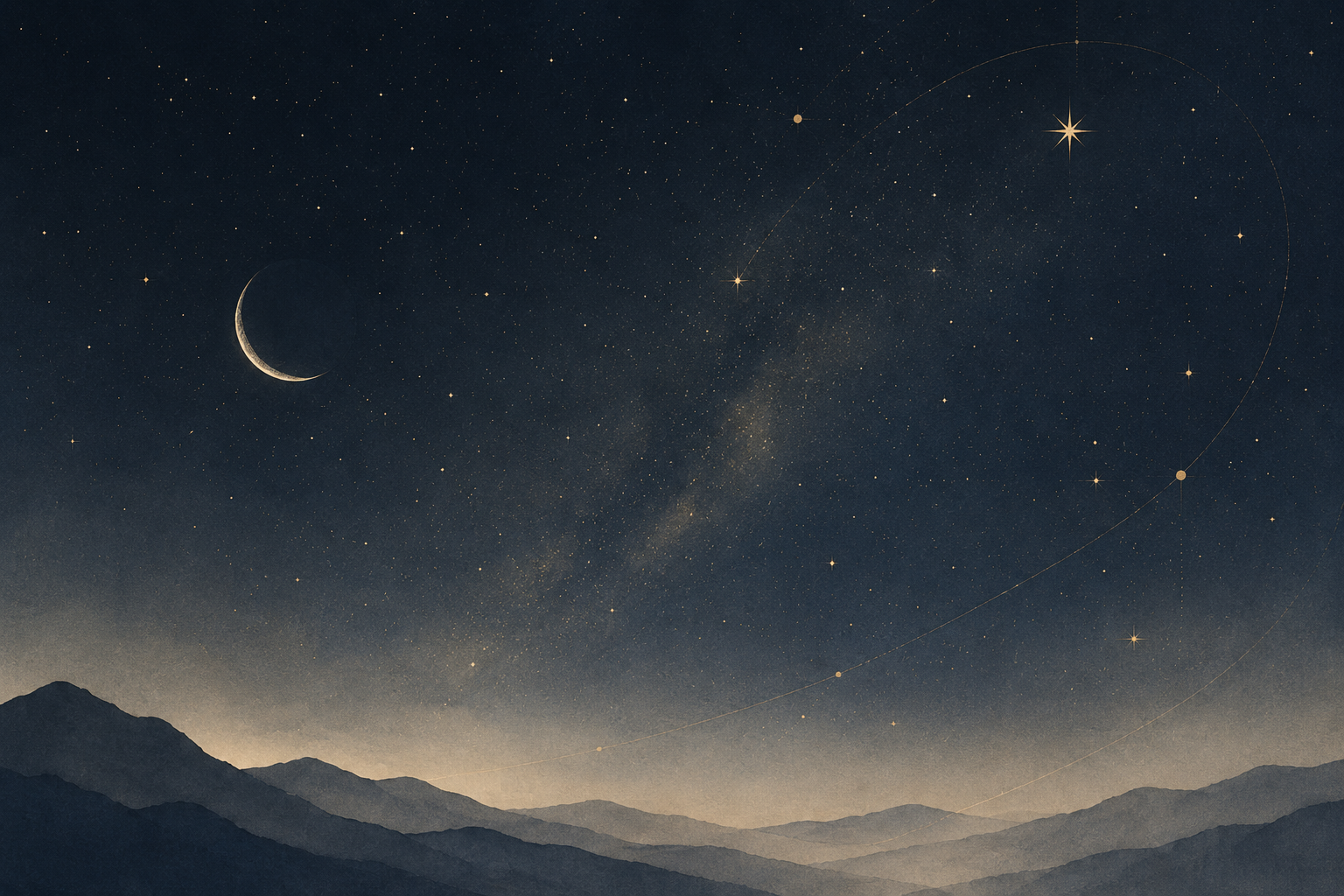 Nighttime mountain landscape under a starry sky with the moon and planets.