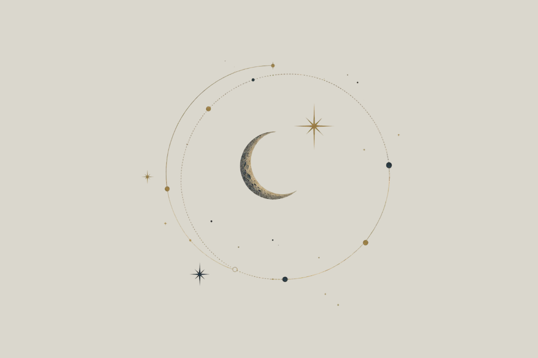A decorative celestial-themed illustration featuring a crescent moon with detailed lunar surface textures, surrounded by a dotted line orbit, small stars, and planets on a light background.