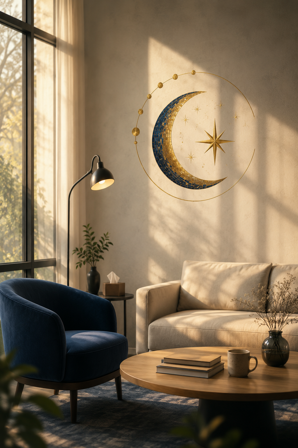 Living room with a beige sofa, a dark blue armchair, and a round wooden coffee table with books and a mug. Sunlight streams through large windows. A wall decoration of a golden crescent moon and stars is on the wall, with a floor lamp and a potted plant nearby.