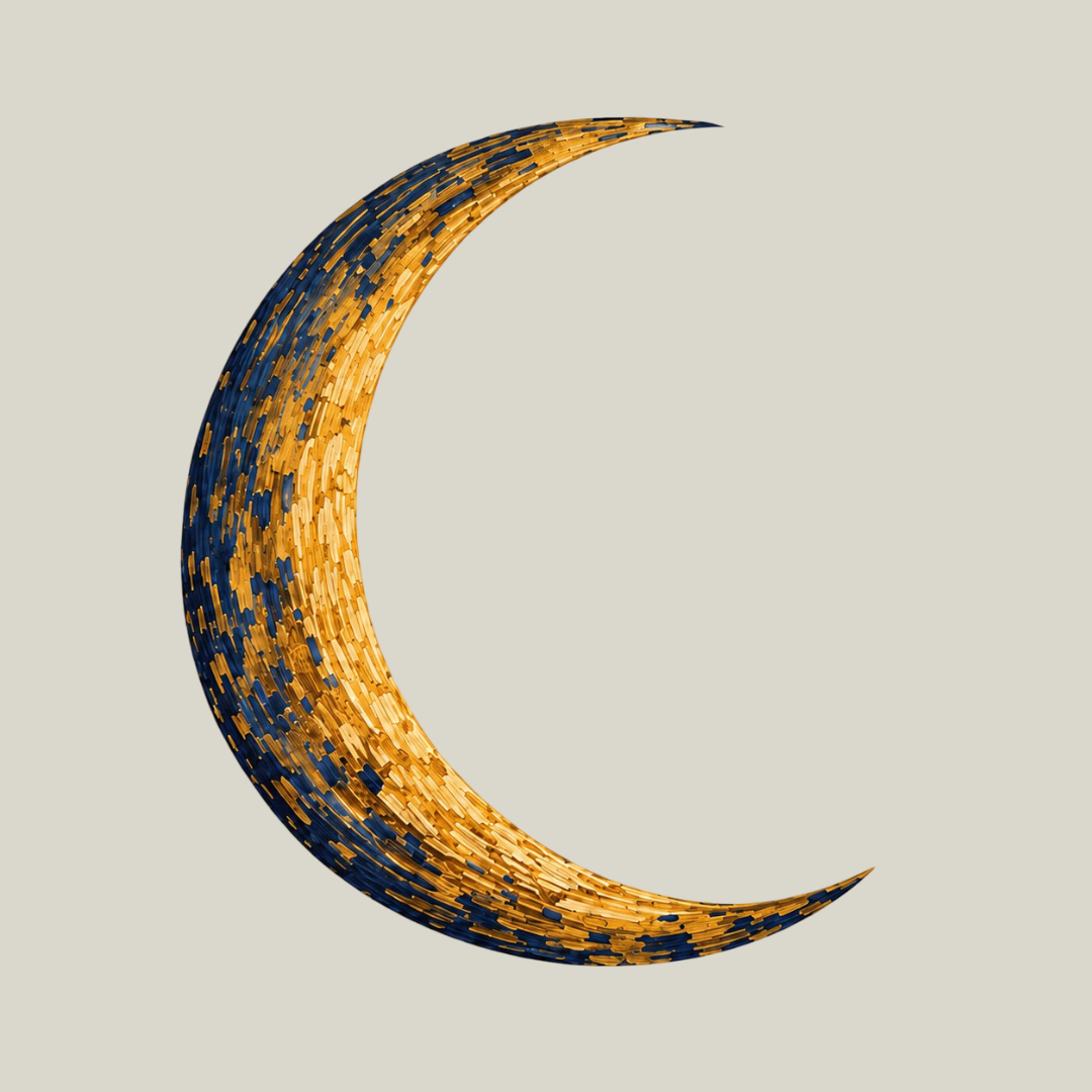 Decorative crescent moon sculpture with a textured surface in gold and dark blue colors on a plain background.