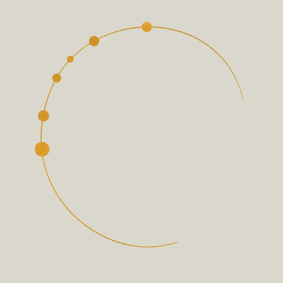 A diagram of a crescent moon with a dotted line of golden circles along the curve, on a light beige background.