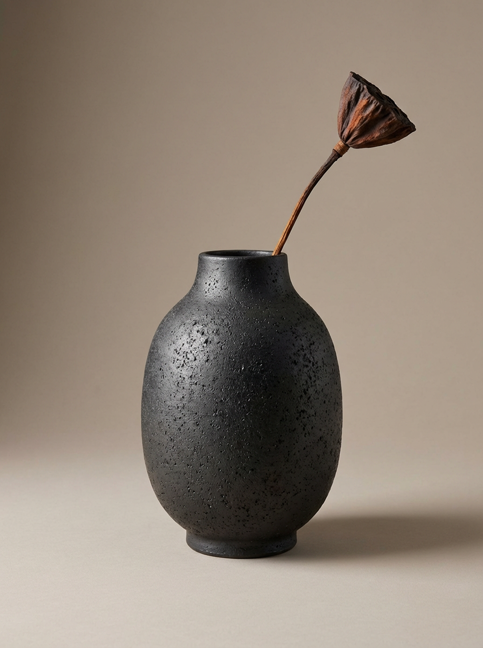 A black ceramic vase with a textured, speckled surface, holding a dried, brown, cone-shaped flower with a slightly curved stem, placed against a neutral background.