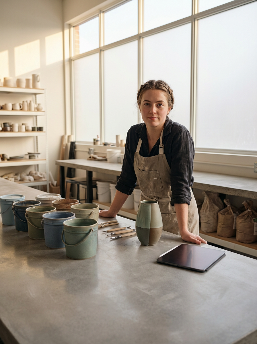 A young woman in a black shirt and beige apron standing at a pottery workspace with various ceramic cups and a vase on the table in front of her, natural light coming through large windows.