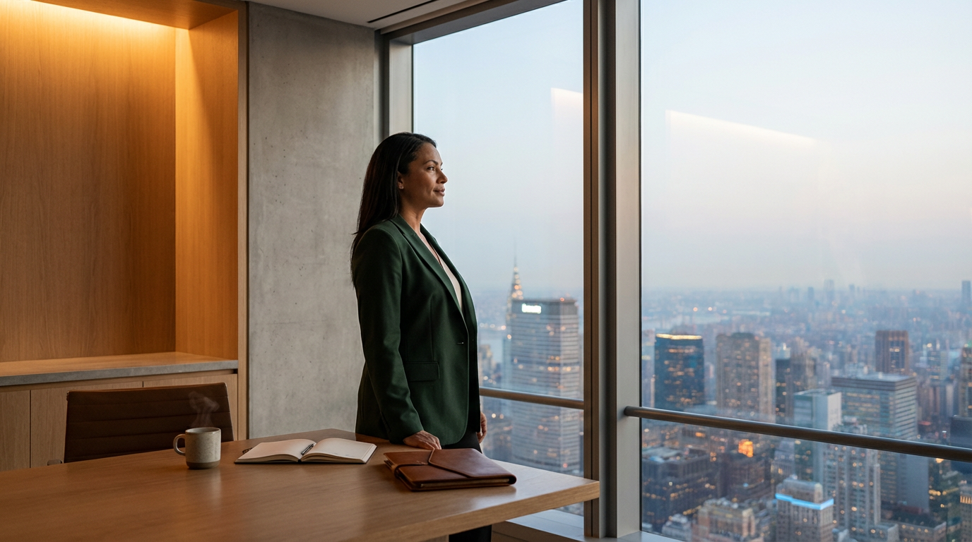 A woman standing in a modern high-rise office with a large window overlooking a city skyline at dusk.