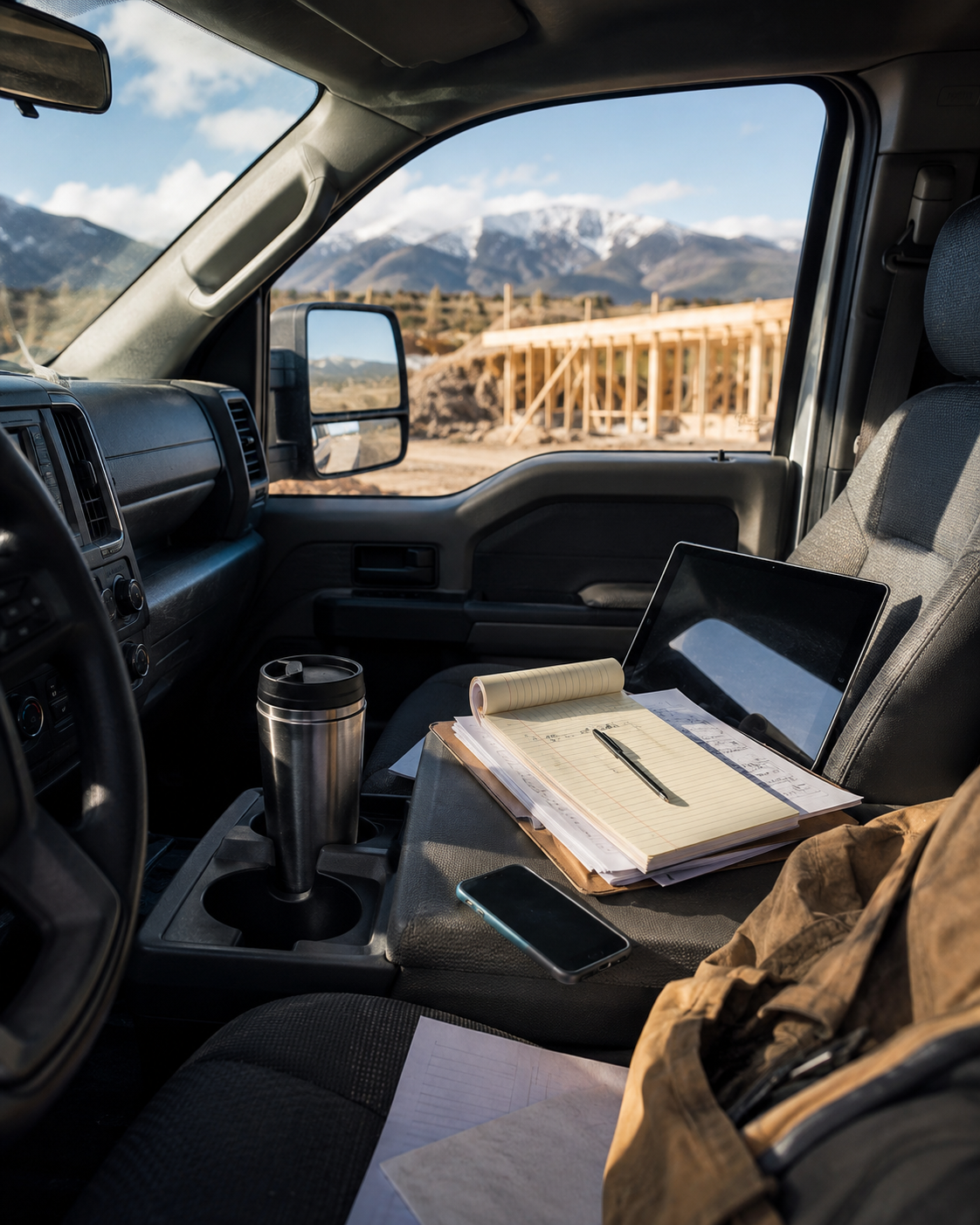 Pickup truck interior on jobsite