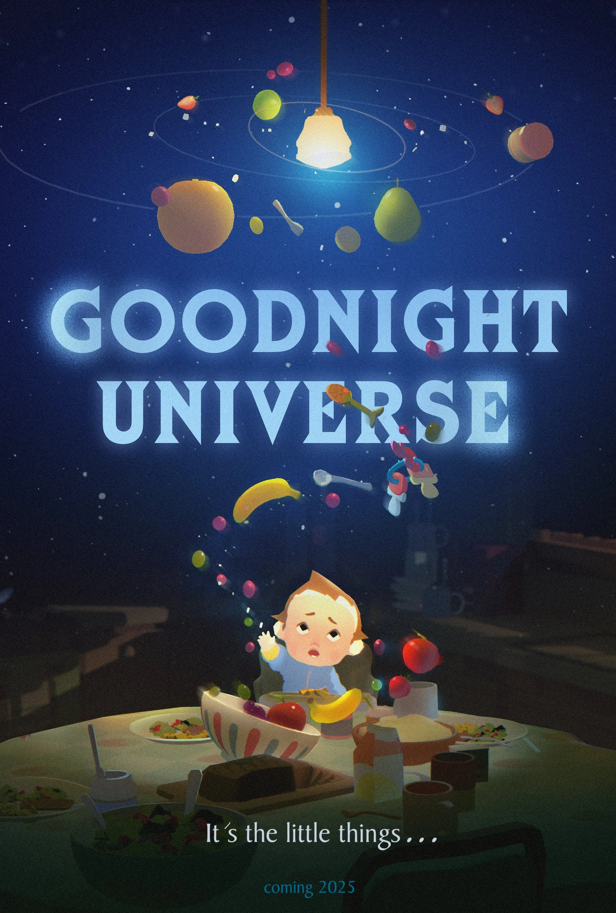 Illustration of a child sitting at a table with food, with a starry sky background and planets resembling the solar system above. The child looks surprised or curious, with the text 'It's the little things...' and 'coming 2025' at the bottom.