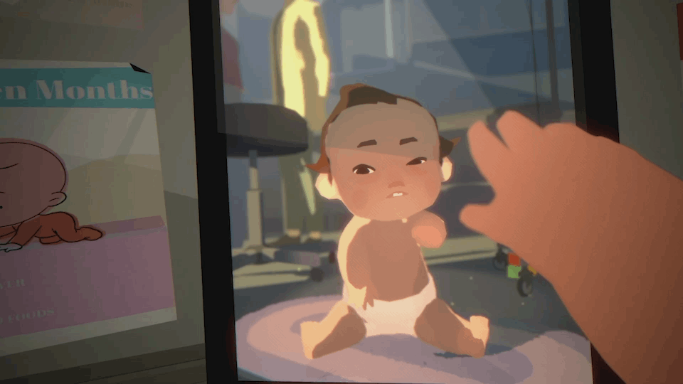 Animated baby with short hair sitting on the floor, looking at a phone or tablet being held by an adult.