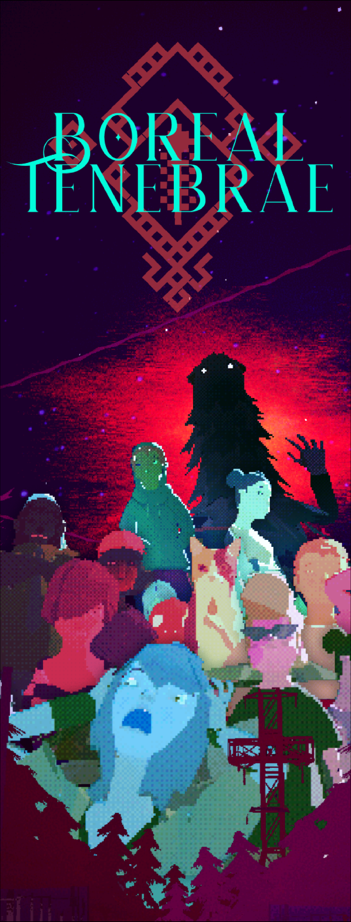 Pixel art poster for the game "Boreal Tenebrae" features a dark forest scene with a group of diverse characters, including a small cat-like creature, standing in front of a large shadowy figure against a red and purple sunset or cosmic background.