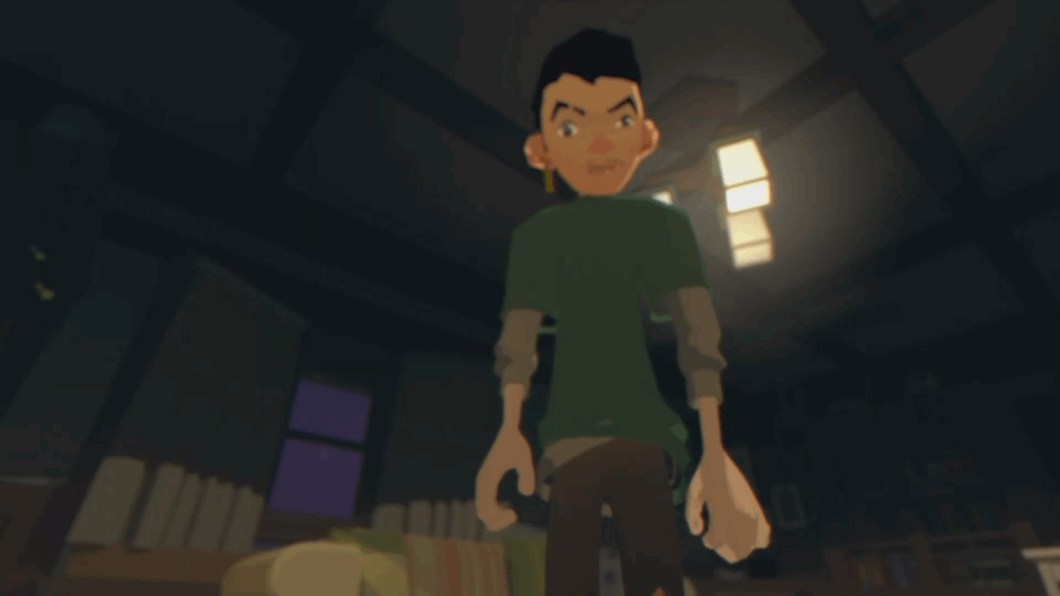 Animated character of a young person with short dark hair, wearing a green shirt and brown pants, standing indoors in a dimly lit room with bookshelves and windows.