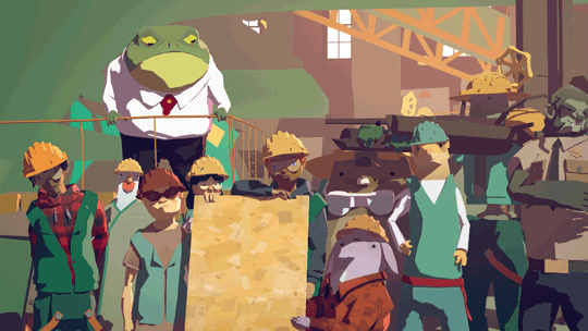 Animated scene of a group of diverse people dressed in construction and casual clothes, with a large talking frog in a suit and a dinosaur with a hard hat, set in a construction site with cranes and building materials.