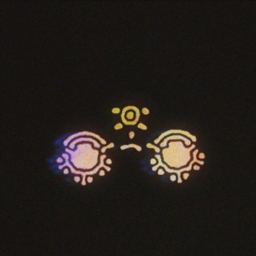 Colorful neon lines forming a symmetrical abstract design resembling glasses and a sun on a black background.