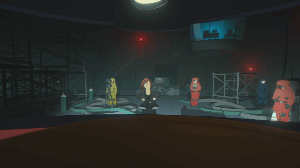 Scene from the game 'Among Us' showing crewmates in colored spacesuits on an airlock platform with a woman observing in front of the ship's interior.