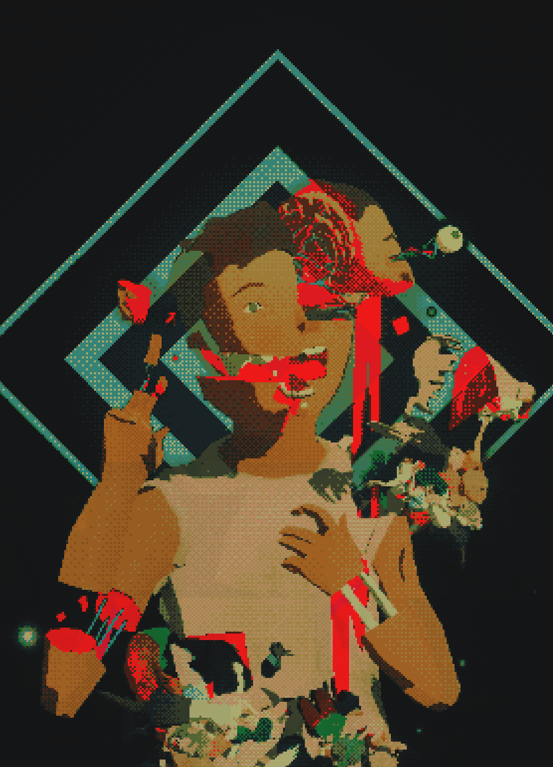 Digital artwork of a girl with headphones making a peace sign, surrounded by various colorful electronic devices and abstract patterns.
