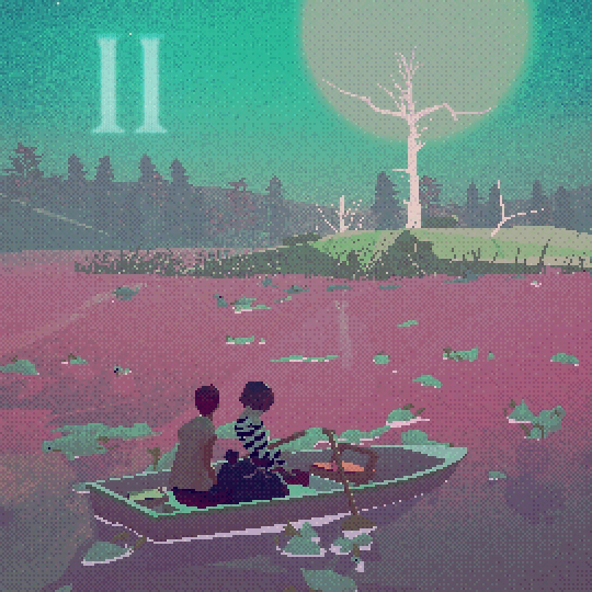 Two children sitting in a boat on a lake with lots of lily pads, a leafless tree, and a bright full moon in the background.