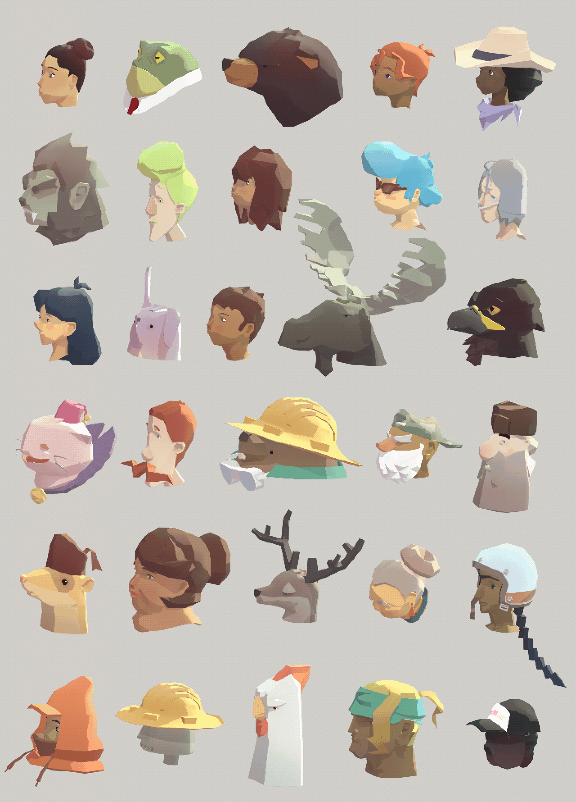 A collection of digital illustrations of various characters and animals with diverse appearances, including humans, a frog, a bear, a lion, a chicken, a rabbit, a deer, and a penguin, some wearing accessories like hats and glasses.