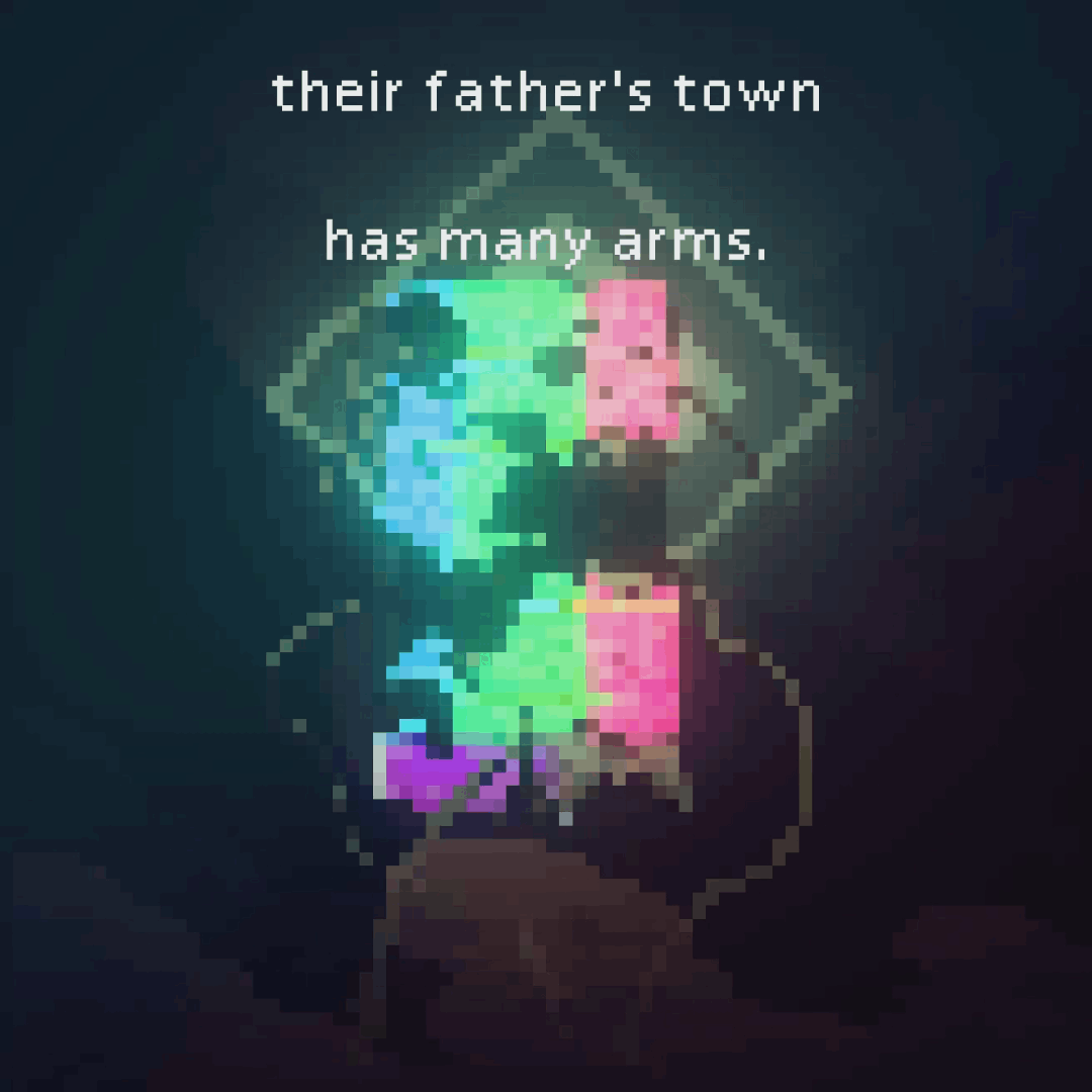 Pixel art image of a globe with pixelated text above and below that reads "their father's town has many arms."