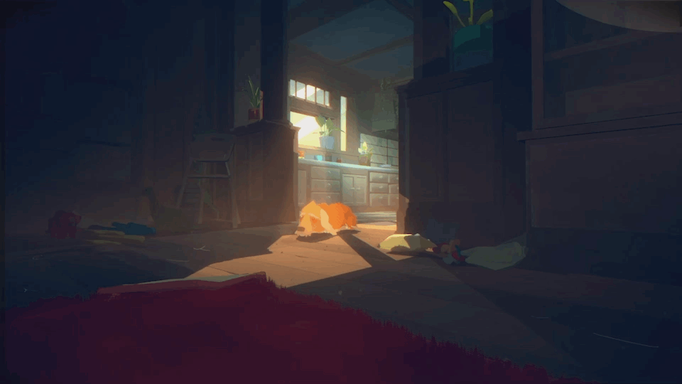 Sunlight streaming into a kitchen with a cat lying on the floor in the sunlight, scattered toys, and plants on the window sill.