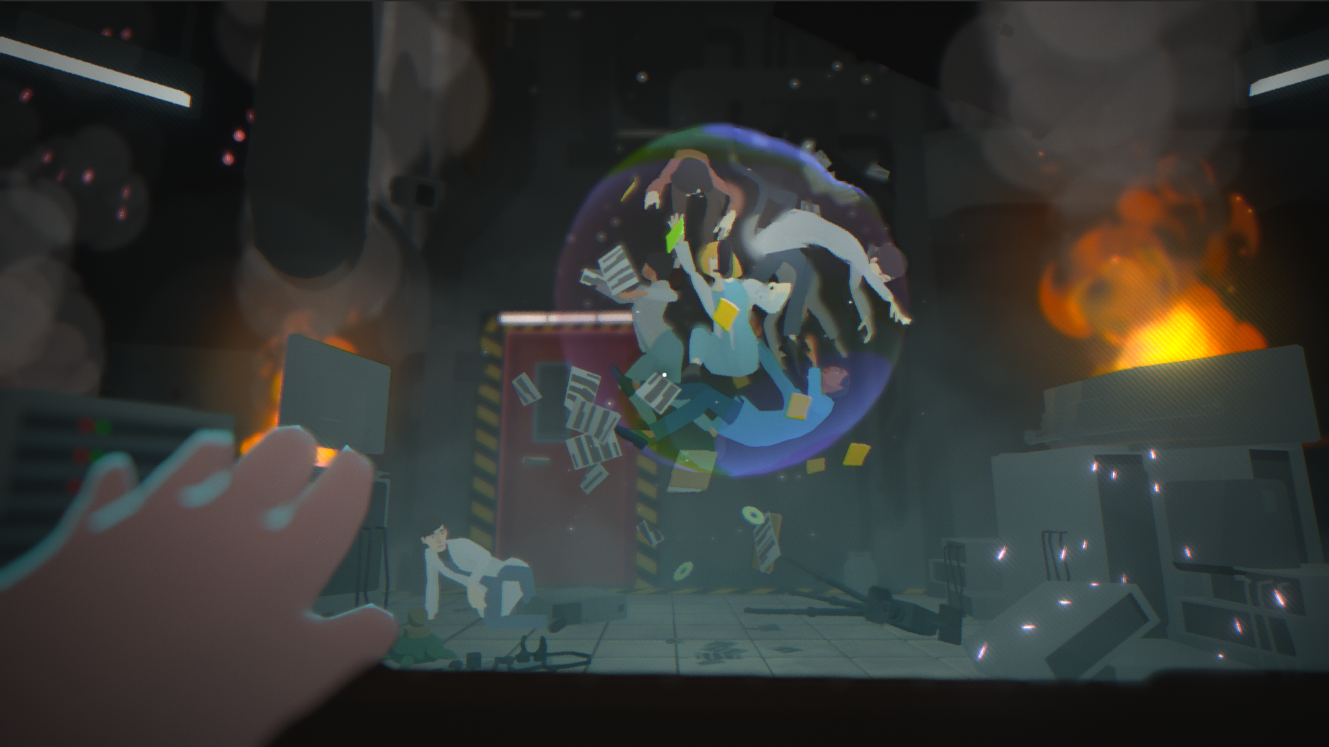 Virtual reality view of a scene with a large sphere containing multiple figures and objects, including scattered papers and a hand in the foreground.
