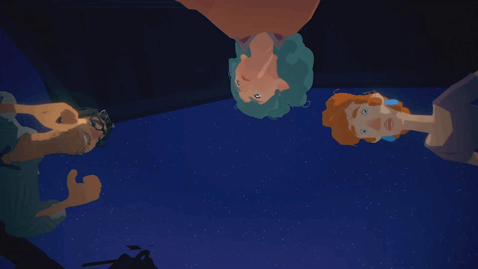 Art style animation scene with three characters looking up at a starry night sky.