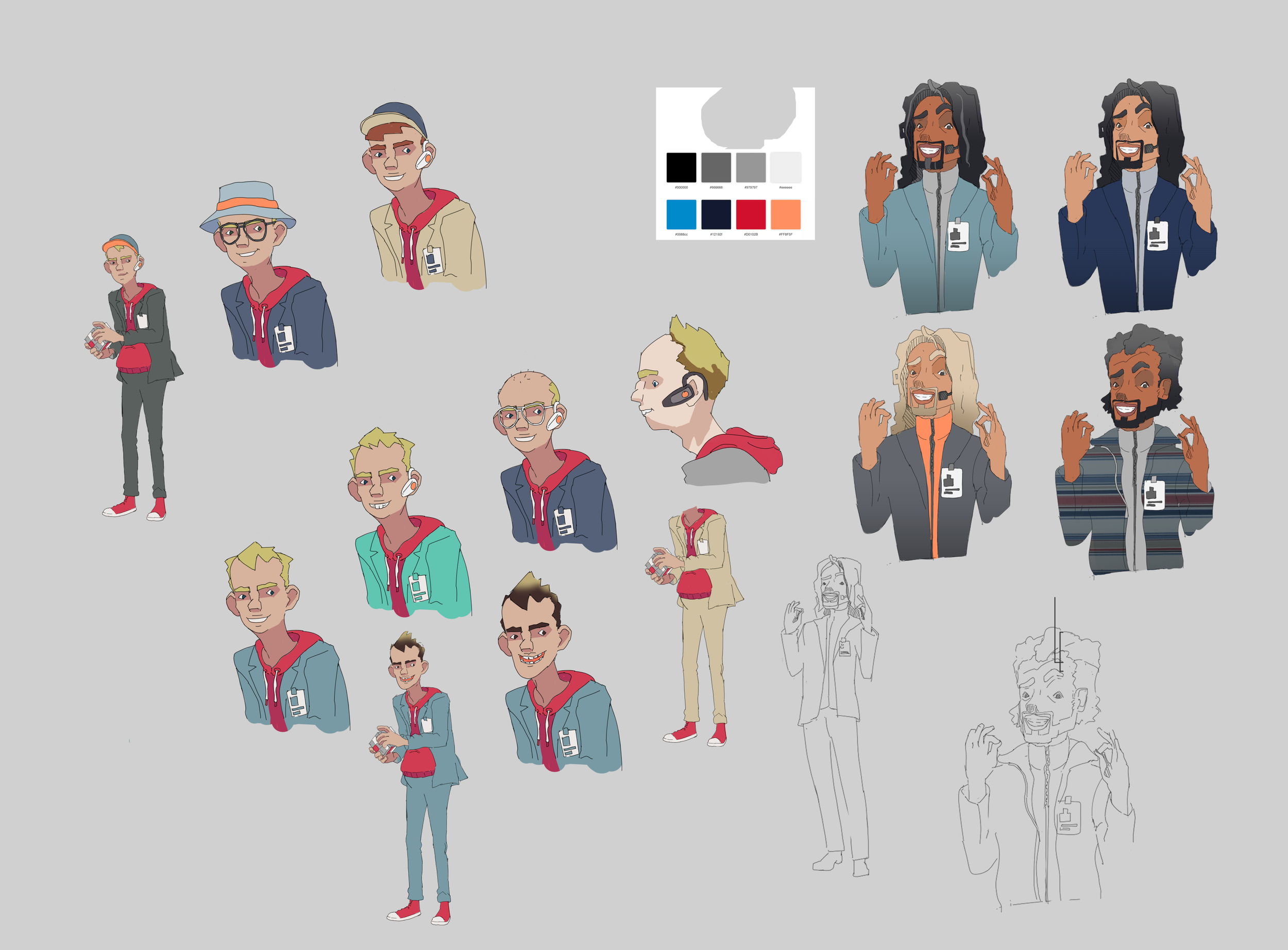 Digital illustration of multiple male characters in casual outfits with earphones and ID badges, some in full color and others in outline or sketch form, set on a gray background