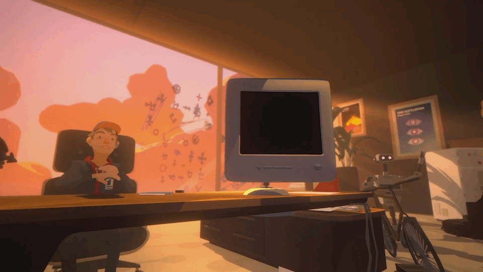 Animated office scene with a boy sitting in a chair behind a desk, a vintage computer monitor, a bicycle, and posters on the wall depicting an eyeball and the word "EXPLORATION."