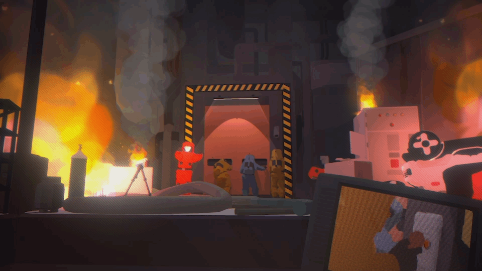 Animated scene with a spaceship interior, fire and smoke, emergency crew in hazmat suits, a monitor showing a firefighting robot, and a doorway leading to an area with more crew members.