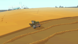 An animated illustration of a construction vehicle on a dirt road in a desert landscape with a city skyline in the distance.