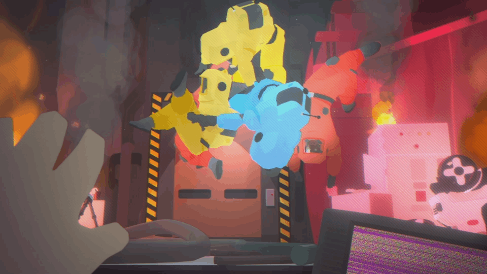 Animated scene of three colorful, stylized helicopters—yellow, blue, and red—flying in close proximity inside an industrial or hangar-like setting with yellow and black caution markings and a laptop displaying colorful static on a table in the foregr