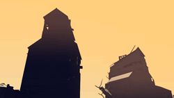 Silhouettes of damaged buildings against an orange sky, indicating destruction or a post-apocalyptic scene.