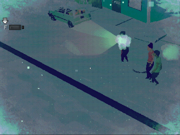 Three people walking near a police car on a sidewalk at night, with one person holding a flashlight.