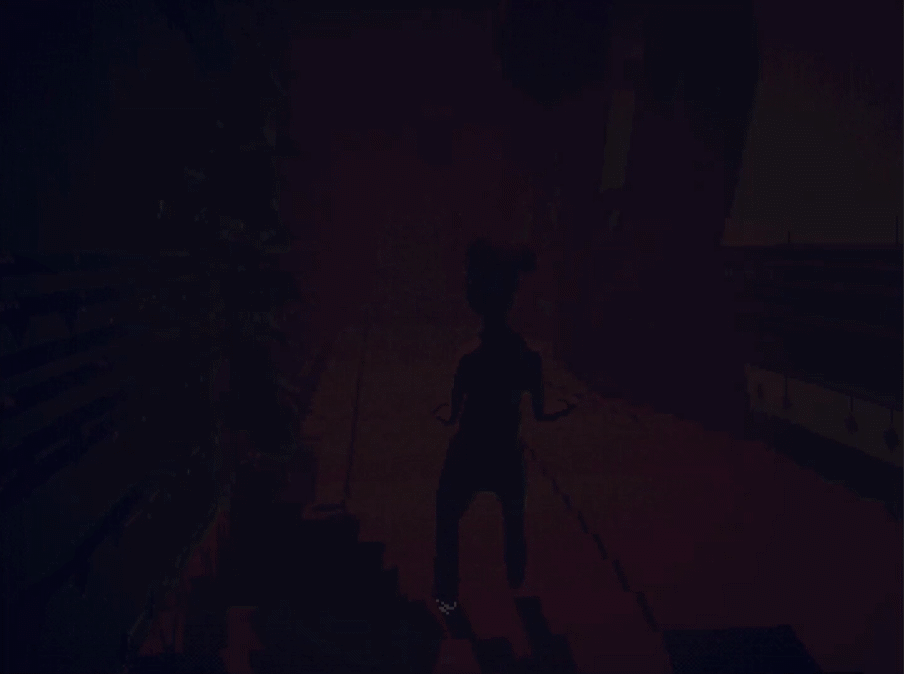 Silhouette of a person standing outdoors at night with a tree on the left and a building on the right
