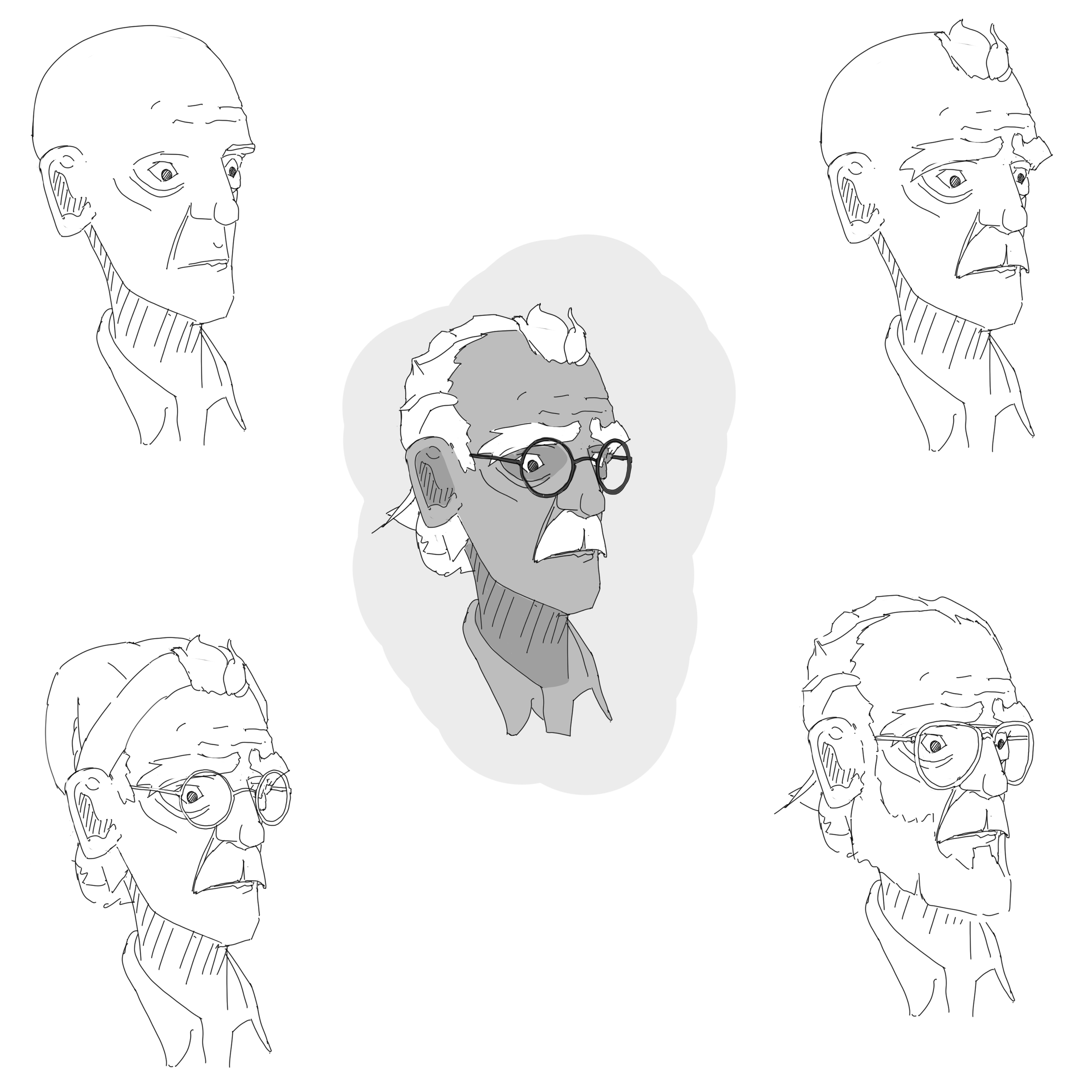 Line drawing of multiple elderly people, some wearing glasses, with one seen scratching or holding their head.