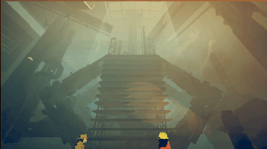 Animated scene of two pixelated characters in front of a futuristic cityscape with a large, elevated structure and towering buildings.