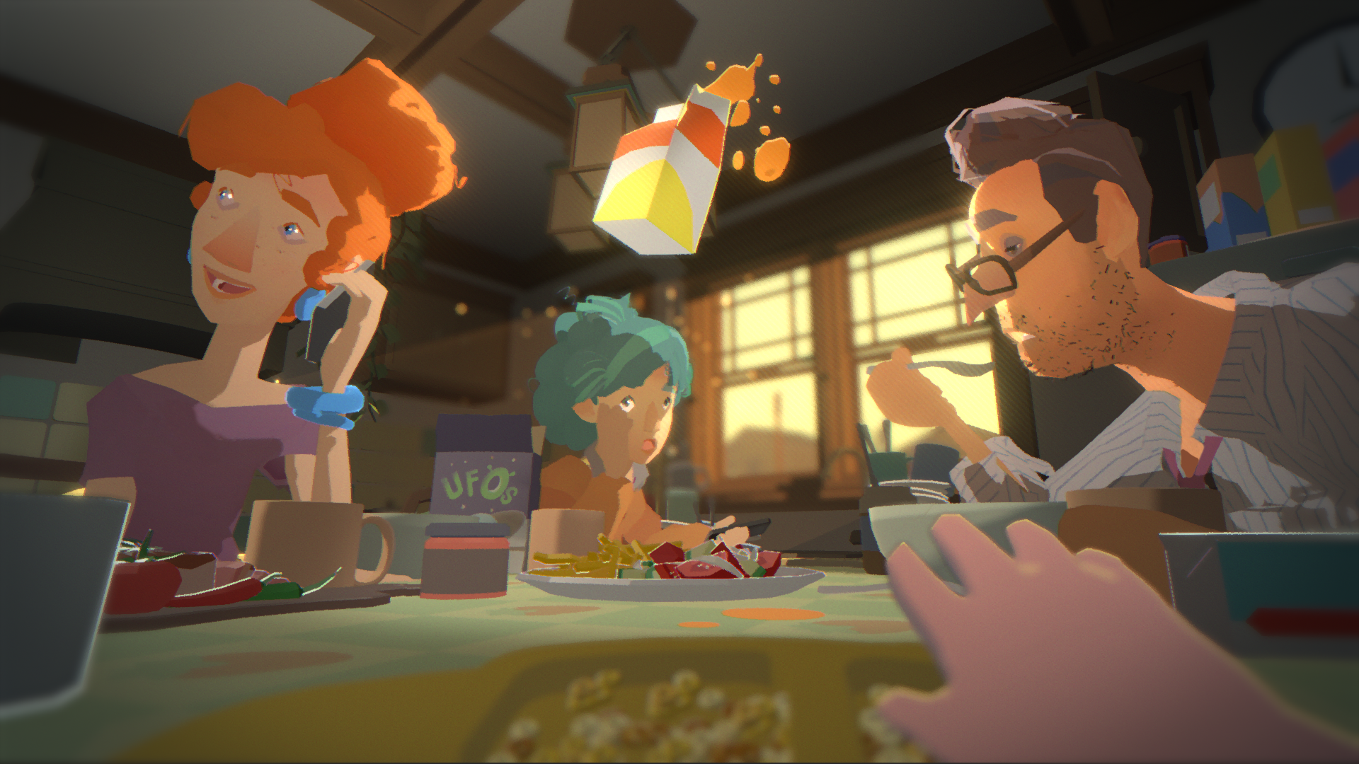Animated scene of three people sitting at a dining table with food, engaging in conversation. One woman with red curly hair is talking on a phone, another woman with teal hair is looking surprised, and a man with glasses and a striped shirt is eating. Bright sunlight comes through large windows in the background.