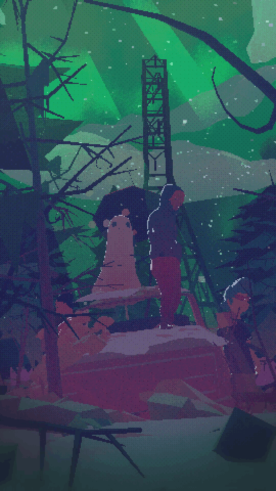 People on a ledge in a forest at night with the Northern Lights in the sky.