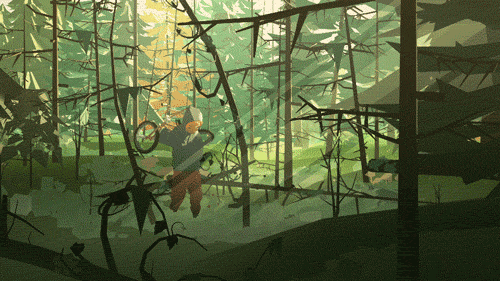 A person swinging on a tire swing in a dense forest.